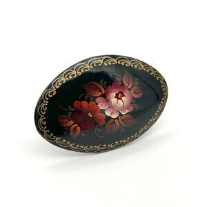 Vintage Hand Painted Floral Black Wood Brooch Pin